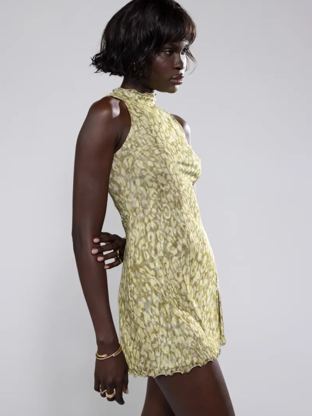 Sleeveless High-Neck Olive Print Mini Dress mesh